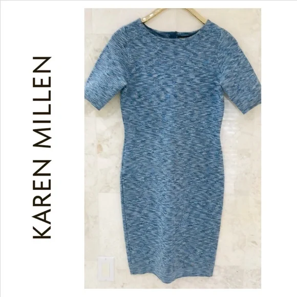 KAREN MILLEN {4} Dress Light Blue Metallic Knit Bodycon - Picture 1 of 15